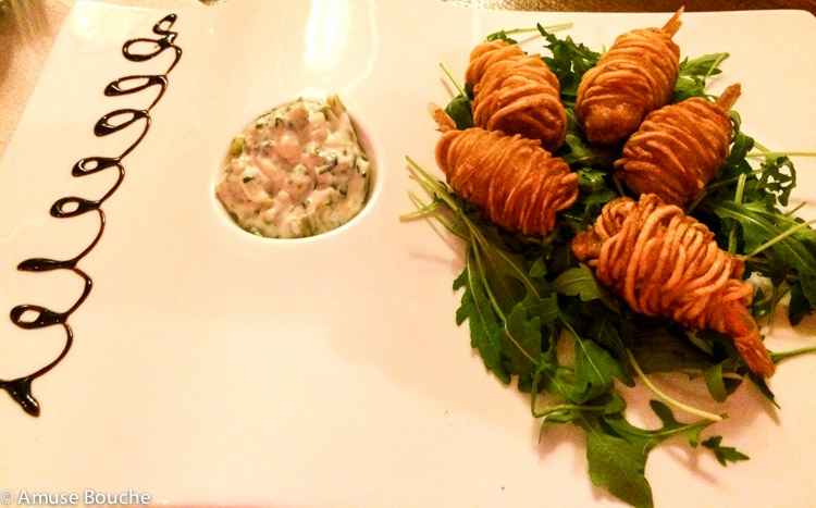 Creveti in crusta de cartofi la restaurant Modigliani - pasta e carne Hotel Intercontinental