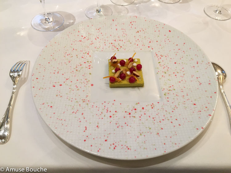 Desert cu merisoare si fistic Restaurant Le Cinq 3 stele Michelin Paris