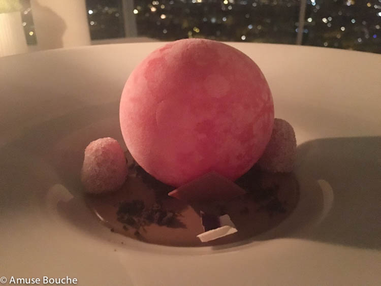 iced sphere of red fruit La Pergola 3 stele Michelin Roma