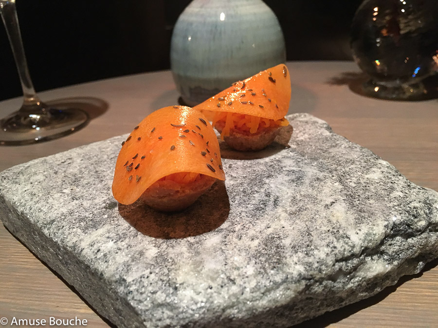 Wholegrain wheat cracker with carrot salad at Faviken 