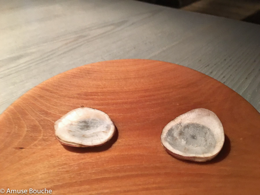 Raw Jerusalem artichoke, dark roasted cereals at Faviken