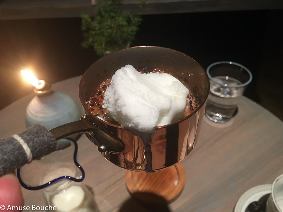 Bone marrow pudding, frozen milk at Faviken restaurant