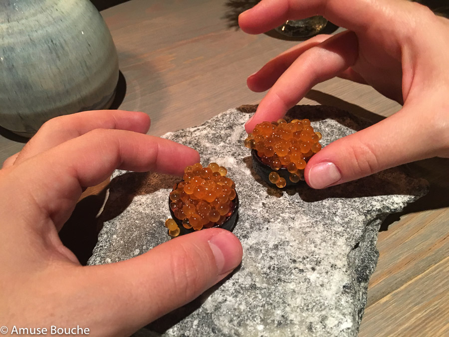 Wild trout roe served in a crust of dried pig’s blood la Faviken 2 stele Michelin